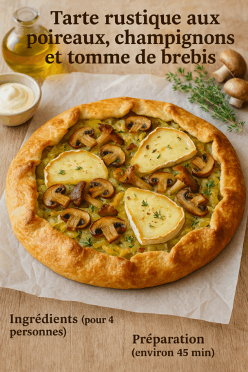 Une tarte rustique dorée aux poireaux, champignons et tomme de brebis, posée sur une feuille de papier cuisson, entourée d’herbes fraîches et d’un filet d’huile d’olive, dans une lumière automnale chaleureuse.
