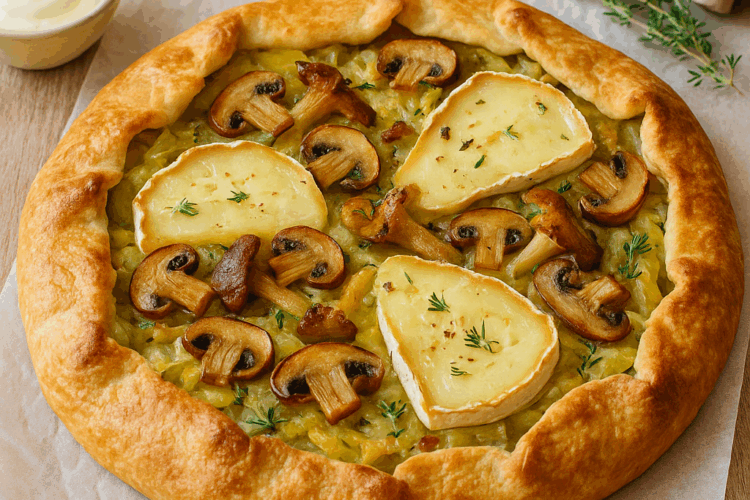 Une tarte rustique dorée aux poireaux, champignons et tomme de brebis, posée sur une feuille de papier cuisson, entourée d’herbes fraîches et d’un filet d’huile d’olive, dans une lumière automnale chaleureuse.
