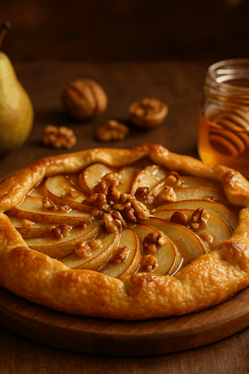 Une tarte rustique dorée aux poires fondantes, parsemée de noix croquantes et nappée d’un filet de miel brillant. En arrière-plan, une poire entière, quelques cerneaux et un pot de miel créent une ambiance automnale douce et gourmande.