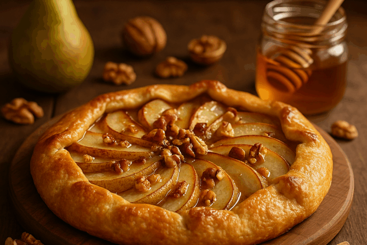 Une tarte rustique dorée aux poires fondantes, parsemée de noix croquantes et nappée d’un filet de miel brillant. En arrière-plan, une poire entière, quelques cerneaux et un pot de miel créent une ambiance automnale douce et gourmande.