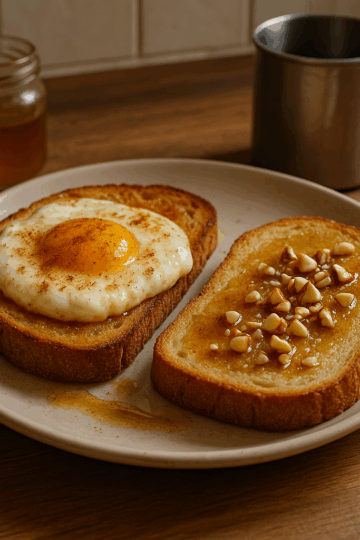 Deux tartines dorées posées sur une assiette dans une cuisine chaleureuse : l’une avec un œuf nuage légèrement caramélisé à la cannelle, l’autre nappée de miel et parsemée d’éclats de noisettes.