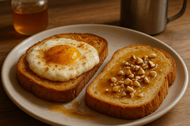 Deux tartines dorées posées sur une assiette dans une cuisine chaleureuse : l’une avec un œuf nuage légèrement caramélisé à la cannelle, l’autre nappée de miel et parsemée d’éclats de noisettes.