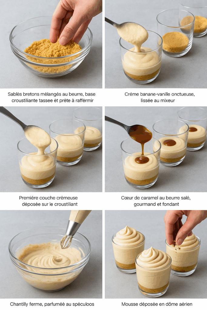Séquence d’images illustrant la préparation des verrines crunchy-banoffee revisitées : mélange sablés bretons et beurre, versement de la crème banane-vanille, ajout du caramel, montage de la chantilly au spéculoos et finition du dessert.