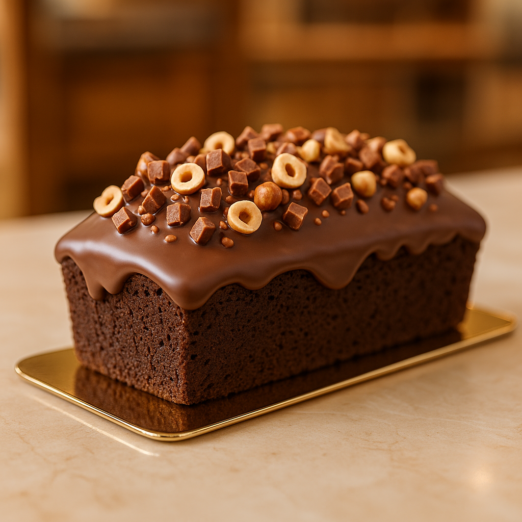 Quatre-quarts au chocolat et noisettes sans sucre ajouté, nappé d’un glaçage brillant et garni d’éclats de noisettes et de cubes de chocolat, présenté sur un plateau doré.