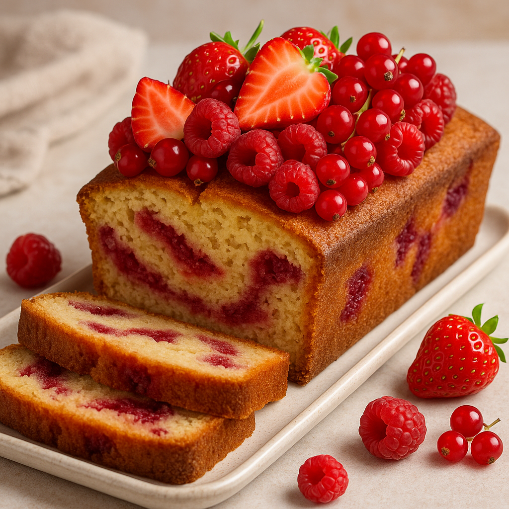 Quatre-quarts sans sucre à la vanille et aux fruits rouges, doré, décoré de fraises, framboises et groseilles fraîches sur le dessus, ambiance lumineuse et printanière.