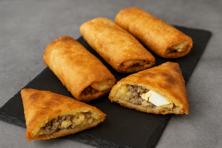 Bricks dorées et croustillantes garnies de viande hachée, de purée de pommes de terre et d’œuf dur