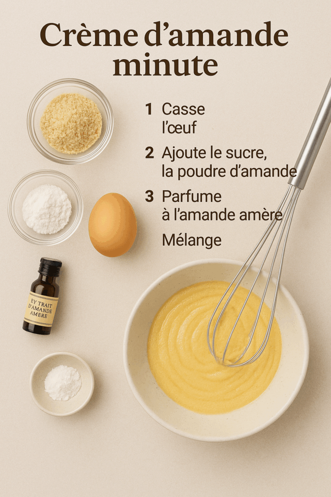 Crème d’amande minute sans beurre présentée dans un bol en céramique claire, avec autour poudre d’amande, œuf, miel et lait végétal sur un plan en bois, lumière naturelle douce.
