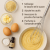 Photo d’une crème d’amande express dans un bol en céramique beige, fouet en acier posé à côté. Autour du bol, on voit les ingrédients principaux : deux œufs, du beurre en morceaux, de la poudre d’amande, un petit flacon d’extrait d’amande amère et un peu de farine. Le tout est disposé sur un fond clair, avec une lumière naturelle douce, donnant une impression de recette simple et faite maison.