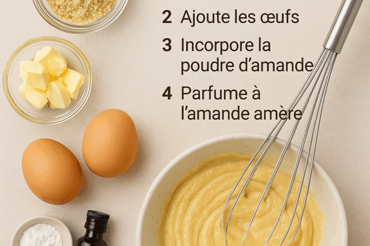 Photo d’une crème d’amande express dans un bol en céramique beige, fouet en acier posé à côté. Autour du bol, on voit les ingrédients principaux : deux œufs, du beurre en morceaux, de la poudre d’amande, un petit flacon d’extrait d’amande amère et un peu de farine. Le tout est disposé sur un fond clair, avec une lumière naturelle douce, donnant une impression de recette simple et faite maison.