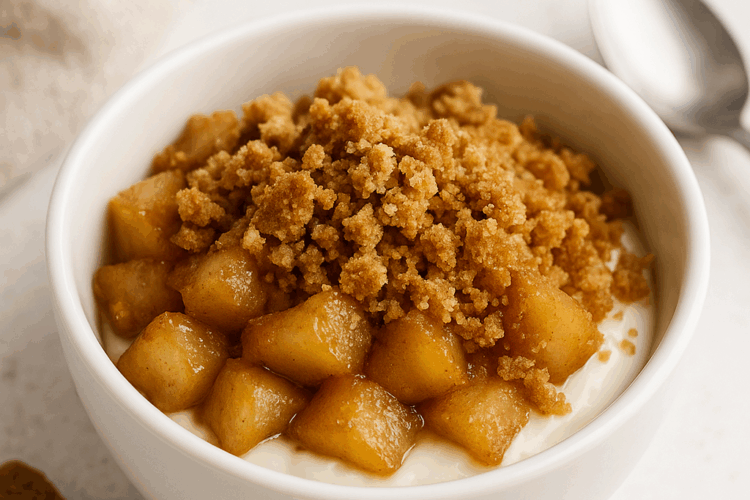 Bol de crumble express composé de pommes caramélisées, de fromage blanc et de biscuits émiettés