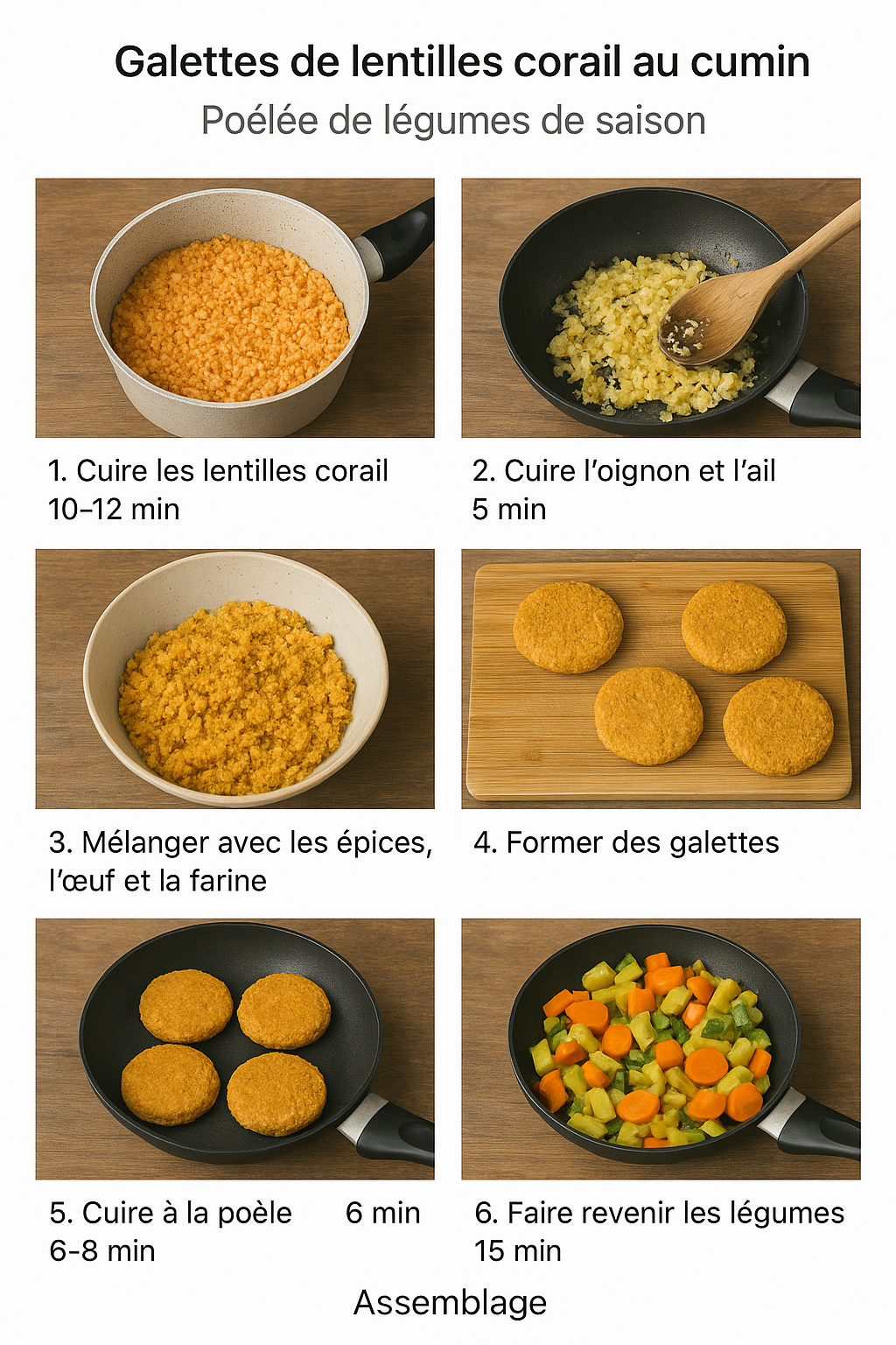 Assiette maison de galettes de lentilles corail parfumées au cumin, accompagnées d’une poêlée colorée de légumes de saison — carottes, poireaux et courgettes —, simplement sautés pour garder leur croquant et leurs couleurs.