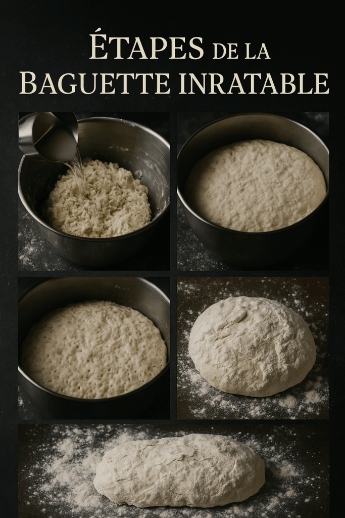 « Montage de plusieurs photos montrant les étapes de préparation d’une baguette inratable : mélange de la farine avec l’eau tiède, pâte collante, levée avec bulles, pâte déposée sur un plan fariné puis façonnage final. »