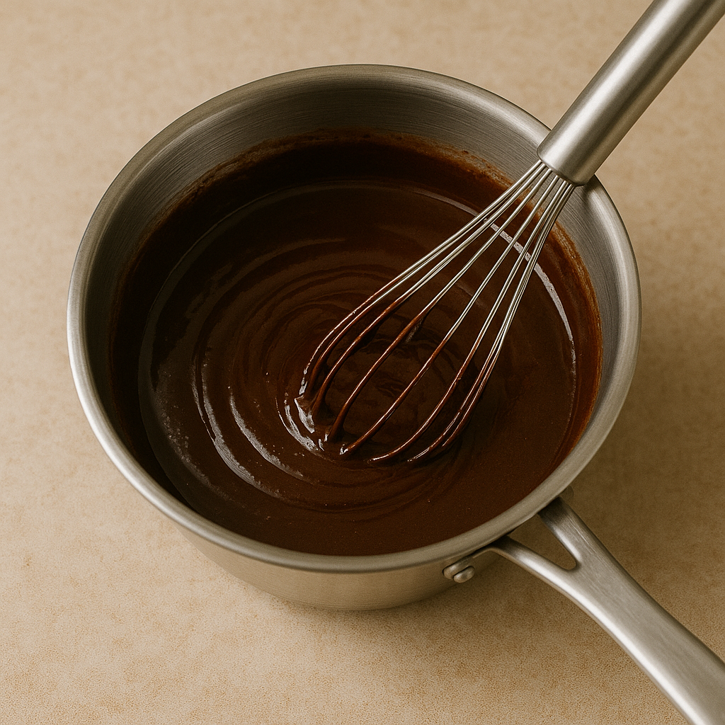 Glaçage miroir au chocolat sans gélatine, lisse et brillant, en train d’être mélangé dans un cul-de-poule en inox avec un fouet.