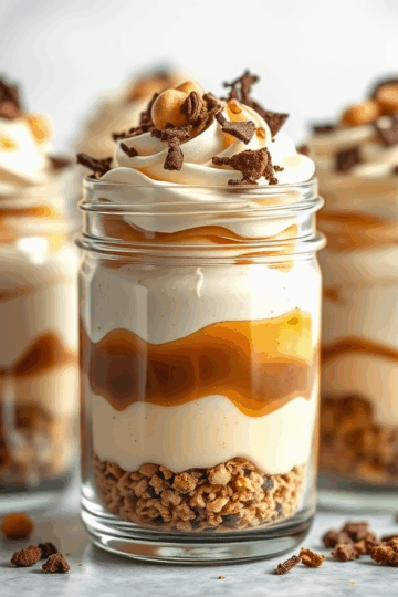 Couches harmonieuses de biscuit breton doré émietté, crème banane-vanille fondante, cœur de caramel au beurre salé et mousse légère à la pâte de spéculoos, rehaussées de copeaux de chocolat noir, noisettes grillées et rondelles de banane fraîche.