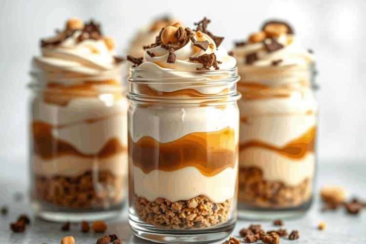 Couches harmonieuses de biscuit breton doré émietté, crème banane-vanille fondante, cœur de caramel au beurre salé et mousse légère à la pâte de spéculoos, rehaussées de copeaux de chocolat noir, noisettes grillées et rondelles de banane fraîche.