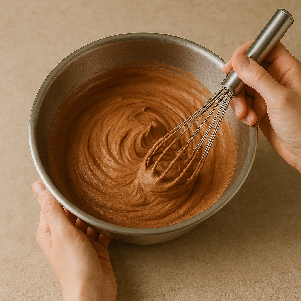 Mousse légère au chocolat dans un cul-de-poule en inox, fouettée à la main, texture aérienne et brillante formant des volutes souples, mise en lumière par un éclairage doux sur un plan de travail clair.