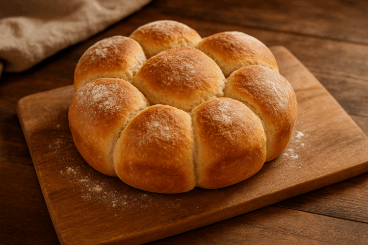 Pain maison doré, formé en marguerite, posé sur une planche en bois avec un peu de farine, éclairé par une lumière chaude de cuisine.