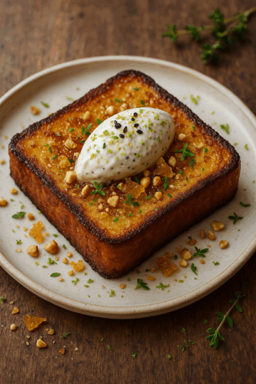 Pain perdu doré et épais, nappé de crème au sésame vanillé, décoré d’éclats de miel fumé, de zestes de citron vert et de thym frais sur une assiette en céramique.