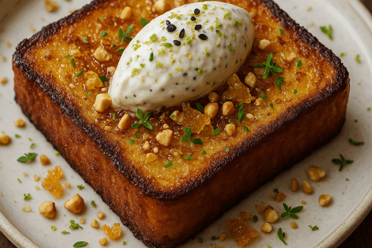Pain perdu doré et épais, nappé de crème au sésame vanillé, décoré d’éclats de miel fumé, de zestes de citron vert et de thym frais sur une assiette en céramique.