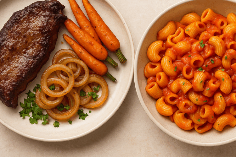 Deux assiettes côte à côte : à gauche, un foie de bœuf poêlé d’aspect réaliste et irrégulier, avec des oignons caramélisés et de petites carottes rôties ; à droite, une assiette de pipe rigate nappées de sauce tomate et parsemées de persil frais.
