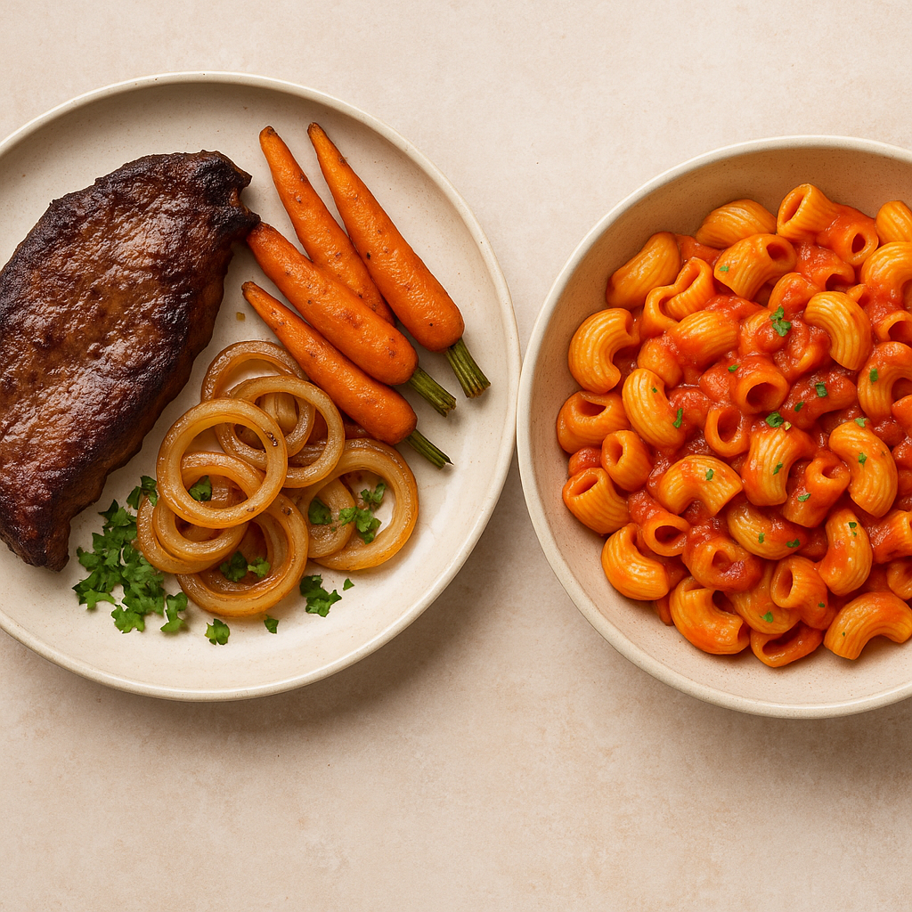 Pipe rigate, sauce tomate,foie de bœuf, poêlé