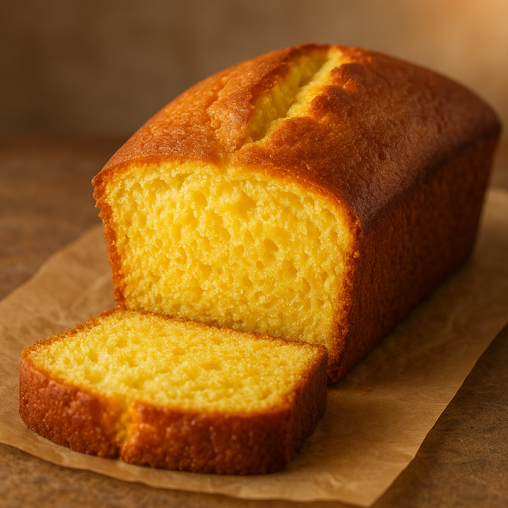 Quatre-quarts ultra moelleux, doré et fondant, tranché sur une feuille de papier cuisson, révélant une mie aérée et lumineuse dans une ambiance chaleureuse de pâtisserie maison.