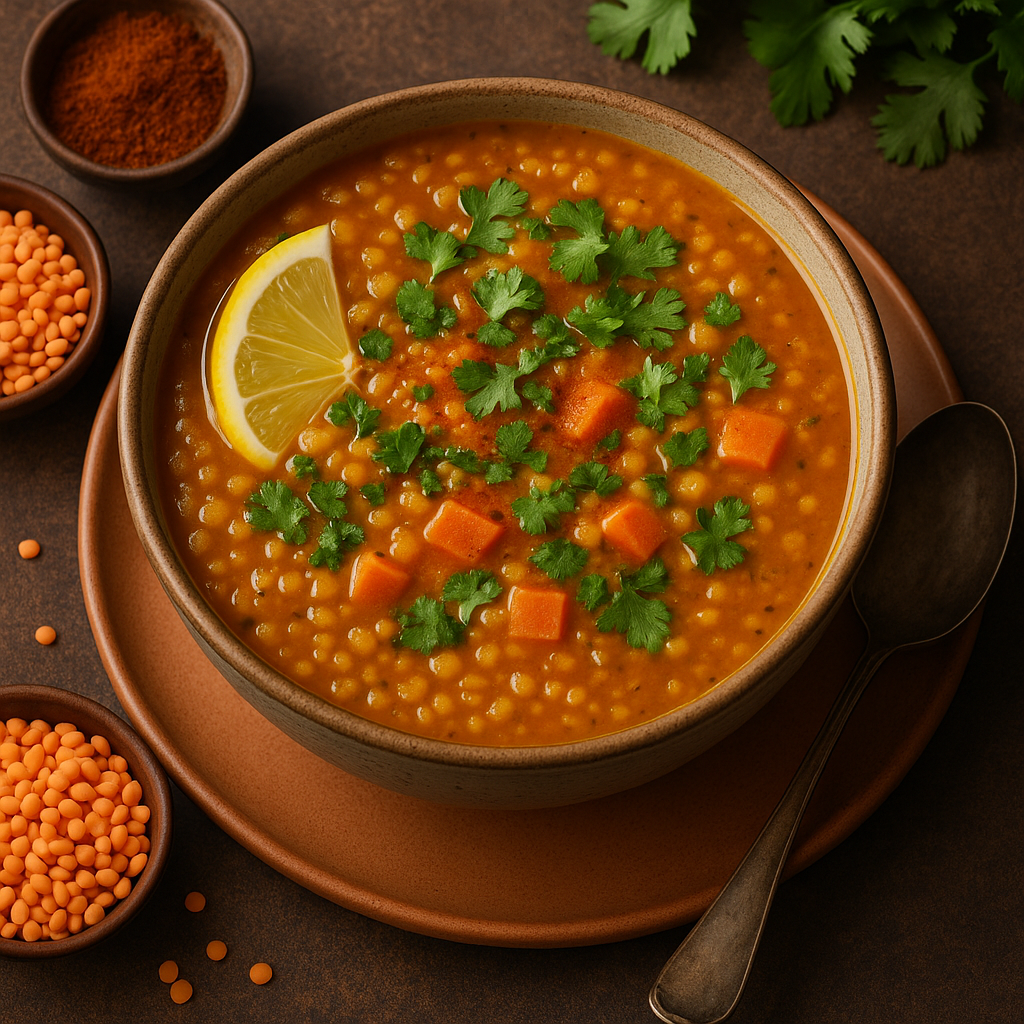 Soupe de lentilles corail et carottes, garnie de coriandre et d’un quartier de citron.
