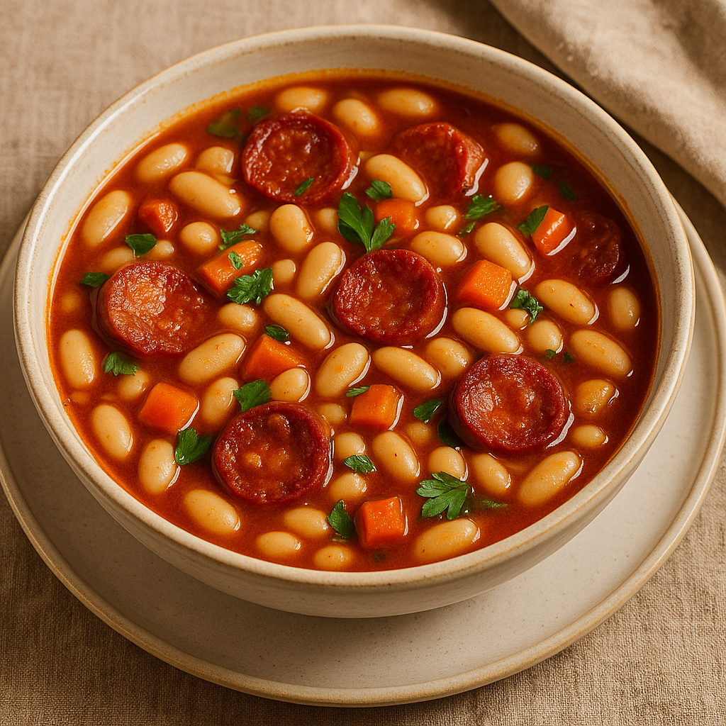 Soupe paysanne aux haricots blancs et chorizo, garnie de persil.