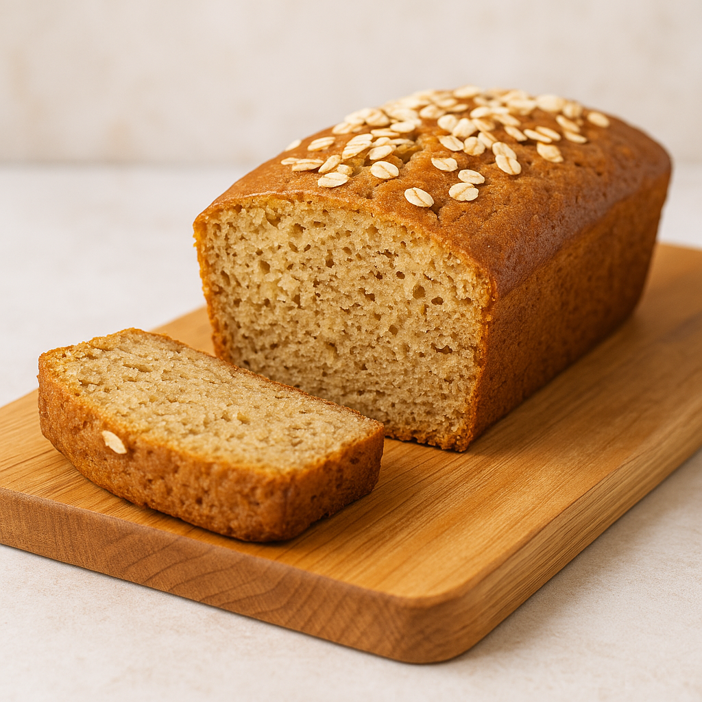 Un quatre-quarts doré et moelleux, tranché sur une planche en bois clair. Sa mie tendre, légèrement humide, révèle la douceur naturelle de la banane et de la compote. Quelques flocons d’avoine parsèment le dessus, rappelant son caractère nourrissant et équilibré. La lumière douce du matin souligne sa texture fondante, invitant à un petit-déjeuner sain, gourmand et plein de chaleur.