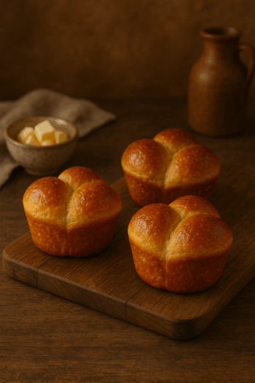 Brioche express individuelle, dorée et moelleuse, présentée sur une planche en bois dans une ambiance chaleureuse et rustique.