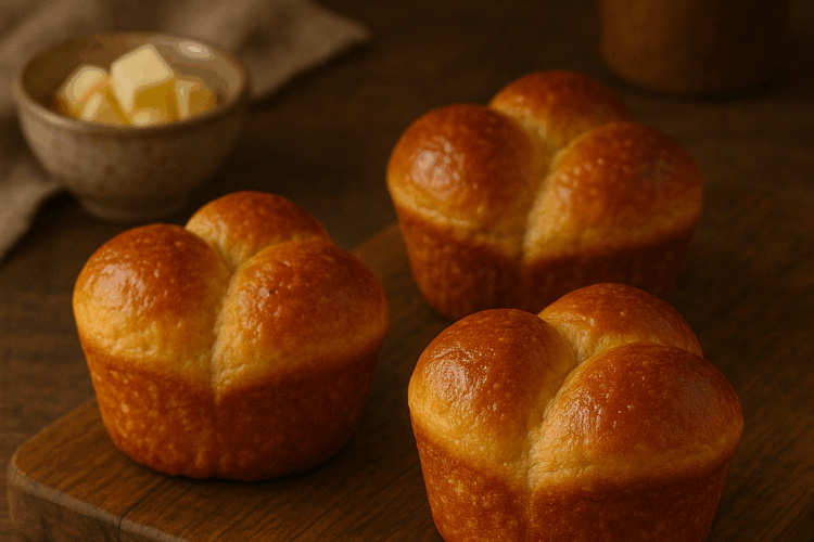 Brioche express individuelle, dorée et moelleuse, présentée sur une planche en bois dans une ambiance chaleureuse et rustique.