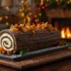 Bûche de Noël traditionnelle à la crème au beurre et aux marrons glacés, posée sur une table en bois foncé dans un salon chaleureux décoré pour les fêtes, avec un feu de cheminée et un sapin illuminé en arrière-plan.
