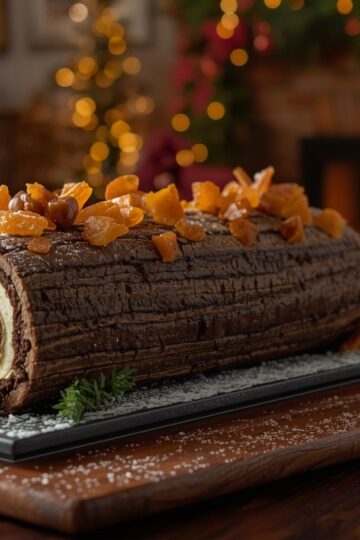 Bûche de Noël traditionnelle à la crème au beurre et aux marrons glacés, posée sur une table en bois foncé dans un salon chaleureux décoré pour les fêtes, avec un feu de cheminée et un sapin illuminé en arrière-plan.