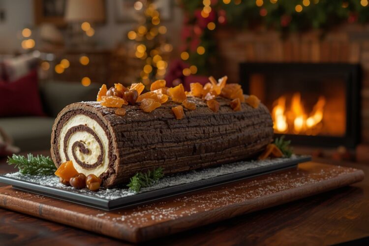 Bûche de Noël traditionnelle à la crème au beurre et aux marrons glacés, posée sur une table en bois foncé dans un salon chaleureux décoré pour les fêtes, avec un feu de cheminée et un sapin illuminé en arrière-plan.