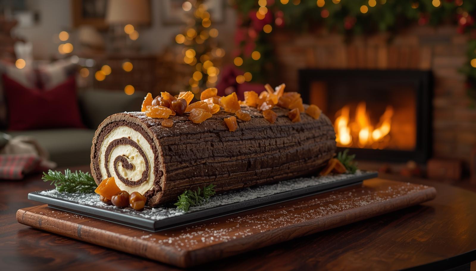 Bûche de Noël aux Éclats de Marrons Glacés et Crème au Beurre au Miel de Sapin