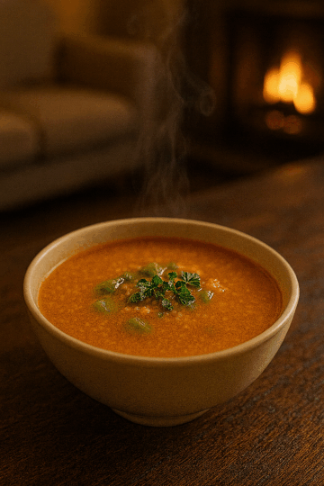 « Bol de chorba tunisienne chaude, à base de semoule très fine et de tomate, posé sur une table en bois foncé dans un salon chaleureux. De la vapeur s’élève du bol et une cheminée floue brille en arrière-plan. »