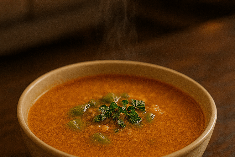 « Bol de chorba tunisienne chaude, à base de semoule très fine et de tomate, posé sur une table en bois foncé dans un salon chaleureux. De la vapeur s’élève du bol et une cheminée floue brille en arrière-plan. »