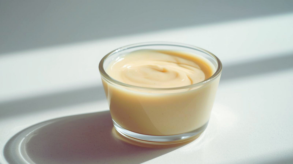 Crème anglaise nappante à la vanille, sans lait, sans œufs et sans sucre, servie dans un petit pot en céramique