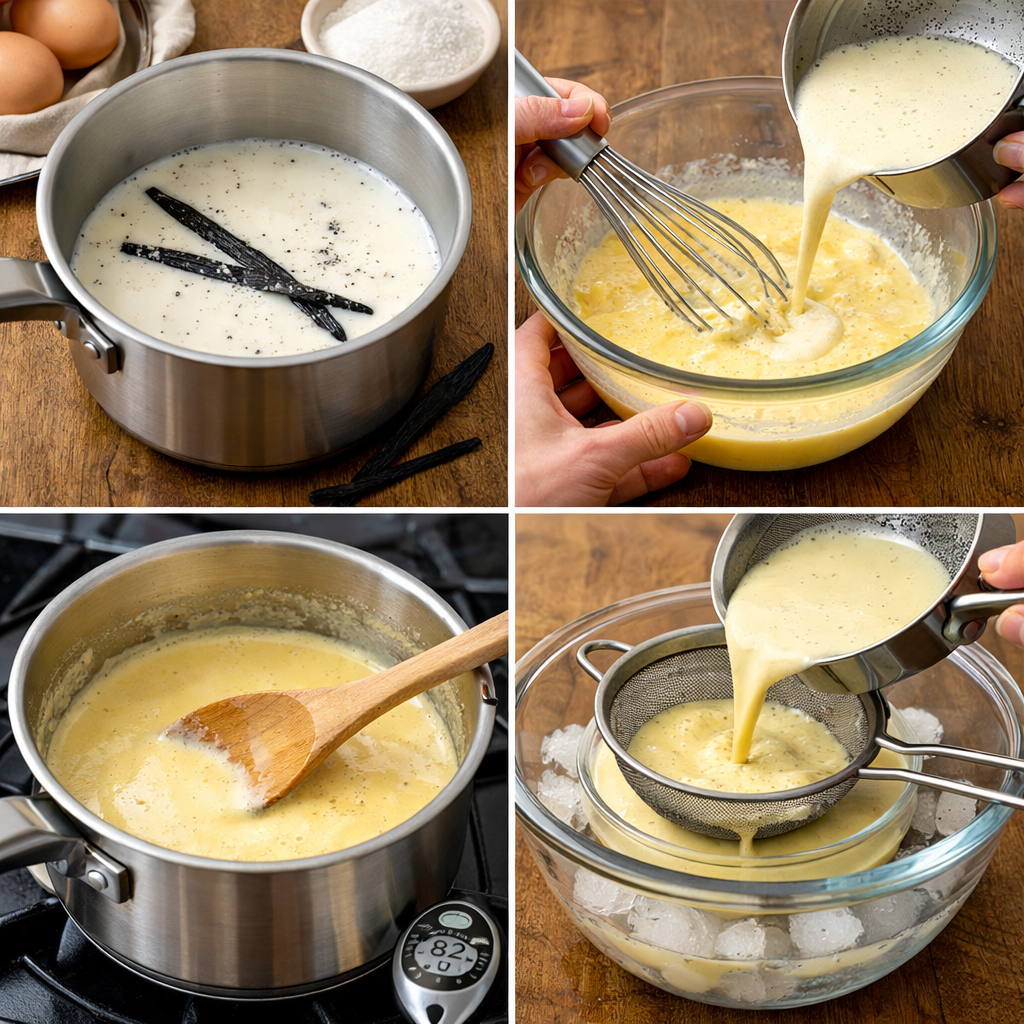 Crème anglaise à la vanille en cours de préparation : lait infusé à la vanille, mélange jaunes d’œufs et sucre, cuisson douce jusqu’à texture nappante, puis filtration pour une crème lisse.