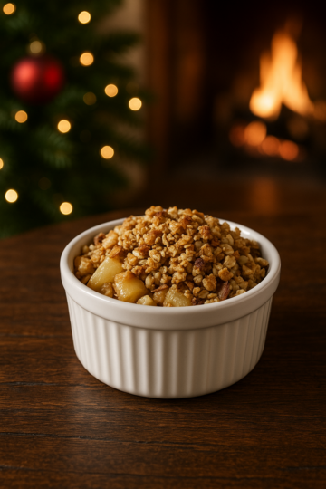 Un crumble pomme-poire servi dans un ramequin blanc repose sur une table en bois foncé. En arrière-plan, un salon décoré pour décembre avec un sapin éclairé et un feu de cheminée crée une ambiance chaleureuse et festive.