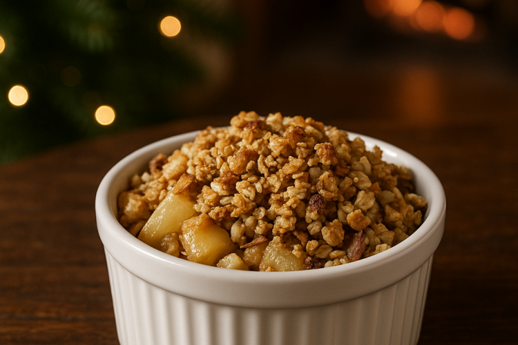Un crumble pomme-poire servi dans un ramequin blanc repose sur une table en bois foncé. En arrière-plan, un salon décoré pour décembre avec un sapin éclairé et un feu de cheminée crée une ambiance chaleureuse et festive.