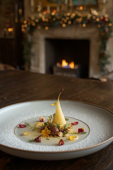 Une assiette d’hiver raffinée posée sur une table en bois foncé, illuminée par la lueur d’un feu de cheminée. Au centre, de délicates étoiles dorées renfermant un cœur de châtaigne, entourées de pétales colorés et d’une mousse de poire safranée, dans une atmosphère chaleureuse et festive de décembre.