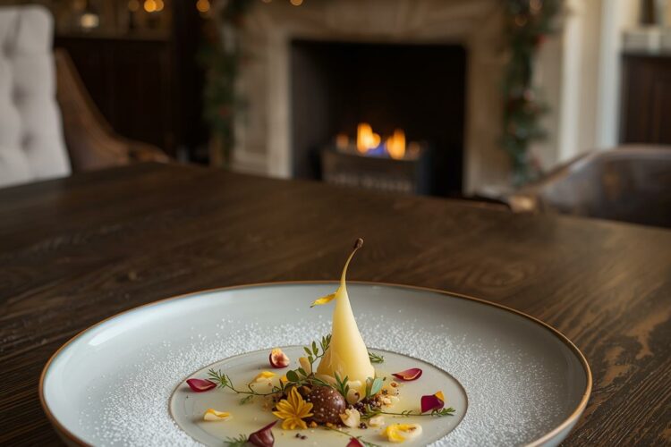 Une assiette d’hiver raffinée posée sur une table en bois foncé, illuminée par la lueur d’un feu de cheminée. Au centre, de délicates étoiles dorées renfermant un cœur de châtaigne, entourées de pétales colorés et d’une mousse de poire safranée, dans une atmosphère chaleureuse et festive de décembre.
