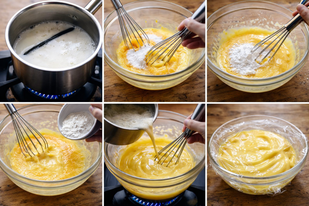 Bol de crème pâtissière lisse et onctueuse, fraîchement préparée et filmée au contact pour refroidir.