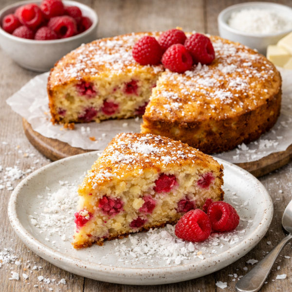Gâteau sans farine, chocolat blanc et framboises
