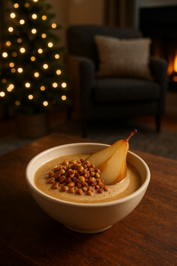 « Bol de crème au pain d’épices avec poire rôtie et noisettes caramélisées, posé sur une table en bois foncé dans un salon hivernal éclairé par un sapin lumineux et une cheminée. »