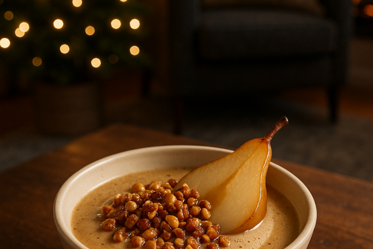 « Bol de crème au pain d’épices avec poire rôtie et noisettes caramélisées, posé sur une table en bois foncé dans un salon hivernal éclairé par un sapin lumineux et une cheminée. »