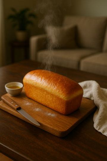 « Pain brioché allongé, tout juste démoulé, dégageant de la vapeur, posé sur un plateau en bois foncé dans un salon chaleureux. »