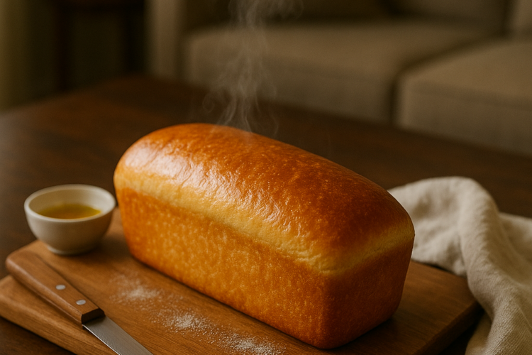 « Pain brioché allongé, tout juste démoulé, dégageant de la vapeur, posé sur un plateau en bois foncé dans un salon chaleureux. »
