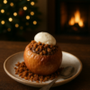 Pomme rôtie farcie à la crème de marron et crumble de pain d’épices, servie sur une assiette en céramique posée sur une table en bois foncé, avec un salon de décembre en arrière-plan, décoré d’un sapin de Noël flou et d’un feu de cheminée.